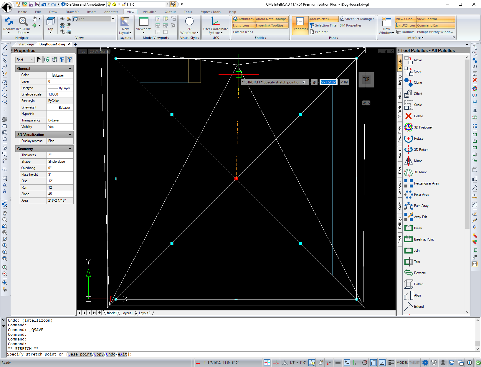 Drag center point to end where gable is desired