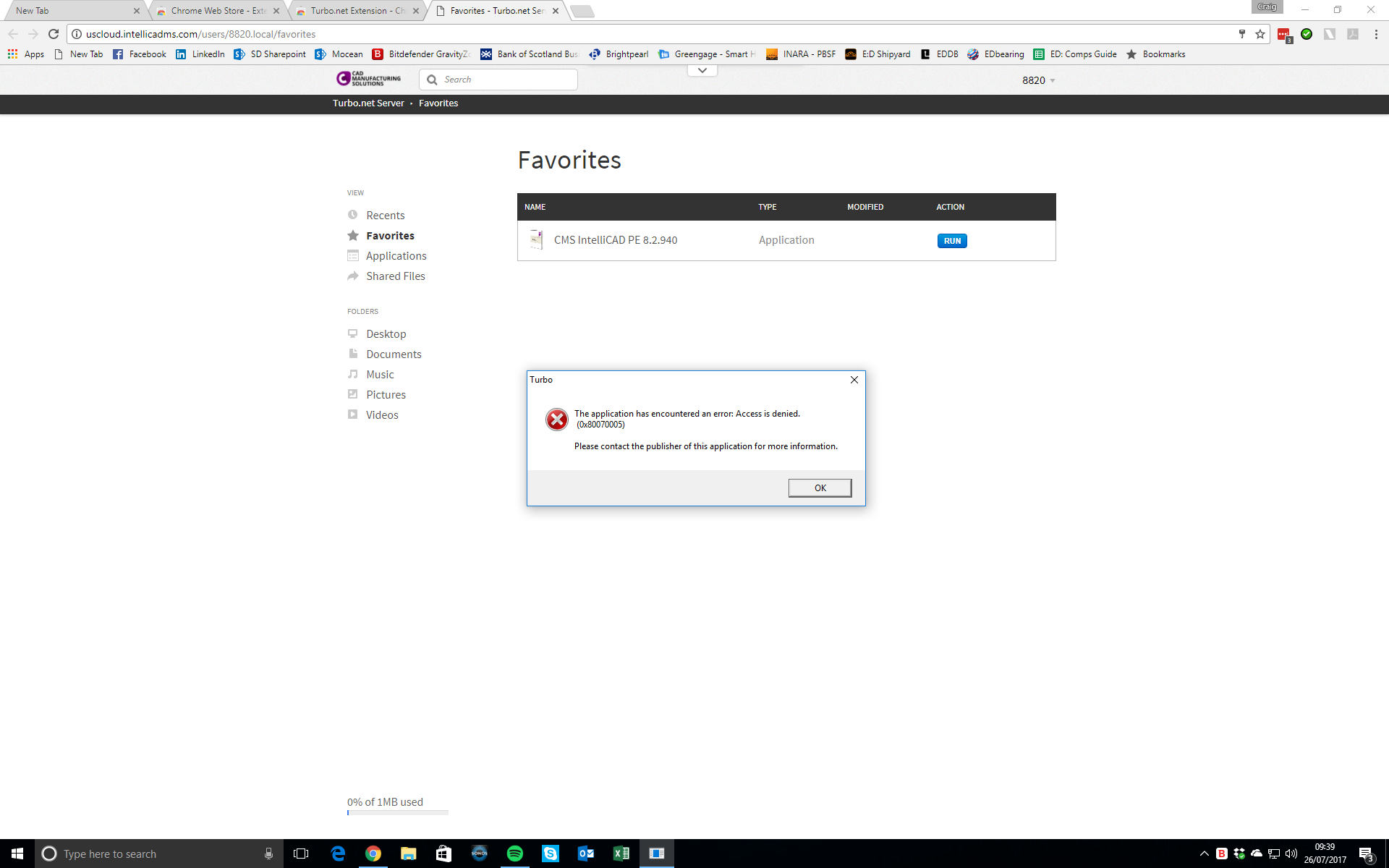 Screenshot of error.